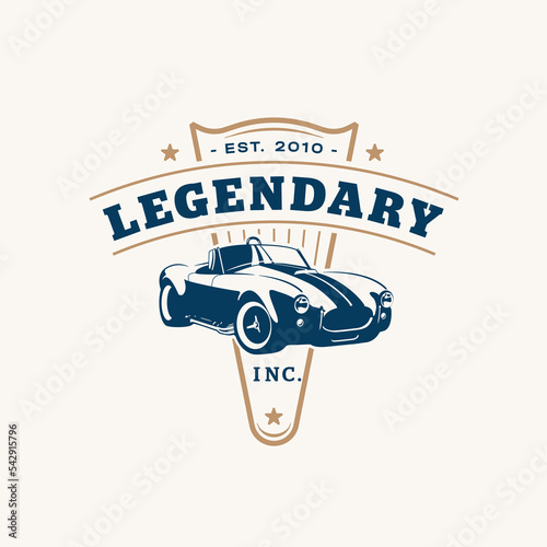 Retro sport car logo template. Vintage style vector illustration element for design label. Suitable for garage, shops, tires, car wash, car restoration, repair and racing. Classic racing car logo