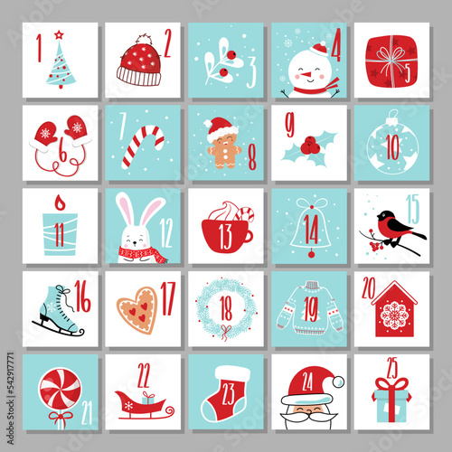 Christmas advent calendar with hand drawn elements Christmas poster vector illustration