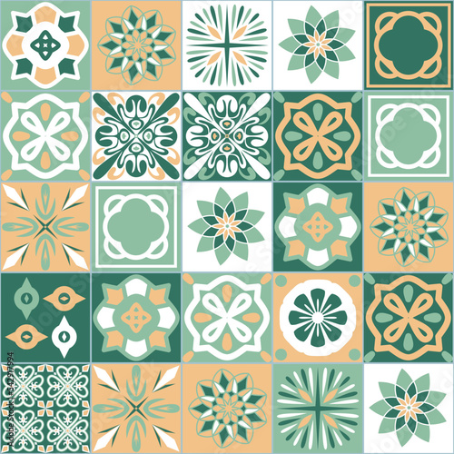 Fototapeta Naklejka Na Ścianę i Meble -  Azulejo green contrast tile, ceramics seamless pattern in Azulejo style, vector illustration