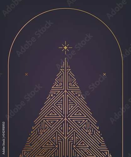 Vector art deco golden Chritmas tree card, line geometric style. Merry Christmas holidays wish greeting card and vintage ornament decoration photo