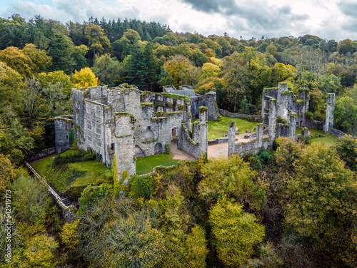 Autumn over Berry Pomeroy Castle from a drone, Totnes Devon, England photo