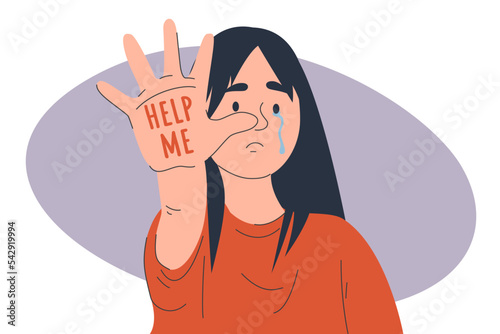 Child crying and showing palm of the hand with the phrase help me vector isolated. Stop child abuse banner. Innocent girl seeking for help. Victim of a parental abuse.