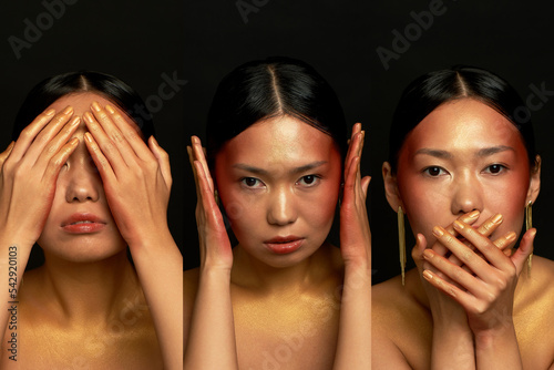 Collage doesn't see evil, I don't hear evil, I don't talk about evil. Three monkeys. A girl of Asian appearance with glowing golden skin. Collage.