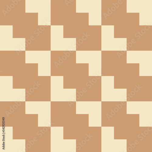 Seamless pattern design with geometric shapes in brown that form a repeating pattern with a beige background