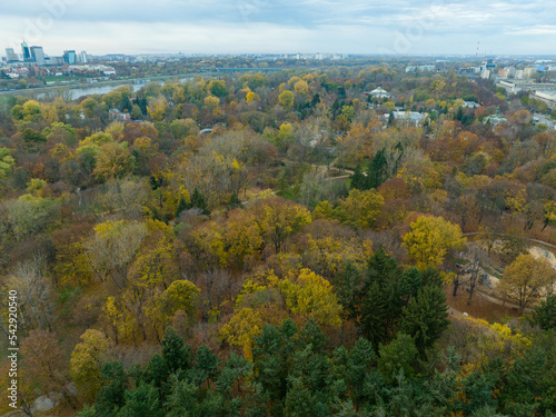 widok na panoramę Warszawy w pochmurny dzień, zachód słońca, z drona, znad jesiennych drzew w parku