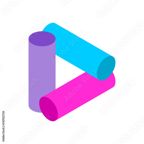 
Three cylinders make a triangle. Impossible penrose Esher figure. Mathematics and geometry. 3D shapes play button. Isometric shapes intertwined. Colorful triangle object. Vector illustration clip art