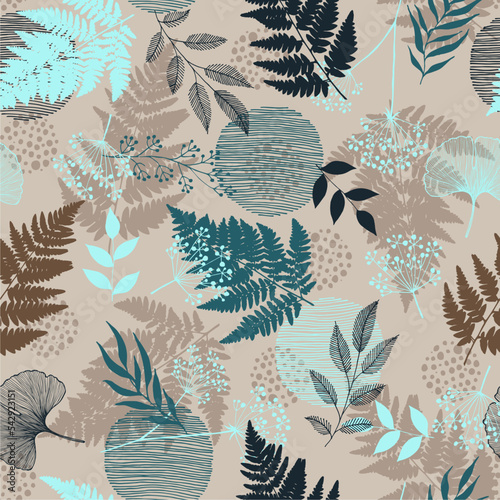 Modern seamless pattern with wild floral elements. Hand drawn herbs and leaves. Vector wallpaper.