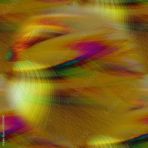 Golden seamless abstraction with a swirl of blue, red, yellow and green shades. Swirling petal-shaped lines on a yellow background. 