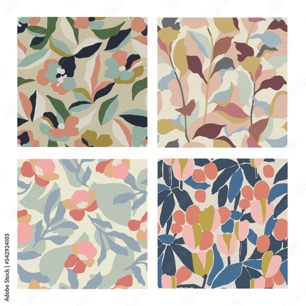 Vector abstract flower and leaf illustration seamless repeat pattern 4 designs set