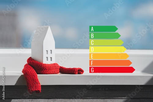 Foto Miniature house in a red scarf and energy efficiency chart on the windowsill