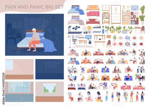 Pain and panic 2D vector isolated illustrations big set. Flat characters, objects with cartoon backgrounds. Editable constructor for web graphic design and animation. Quicksand, Bebas Neue fonts used
