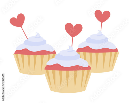 Muffins with heart decorations semi flat color vector object. Editable element. Full sized item on white. Valentines day treat simple cartoon style illustration for web graphic design and animation