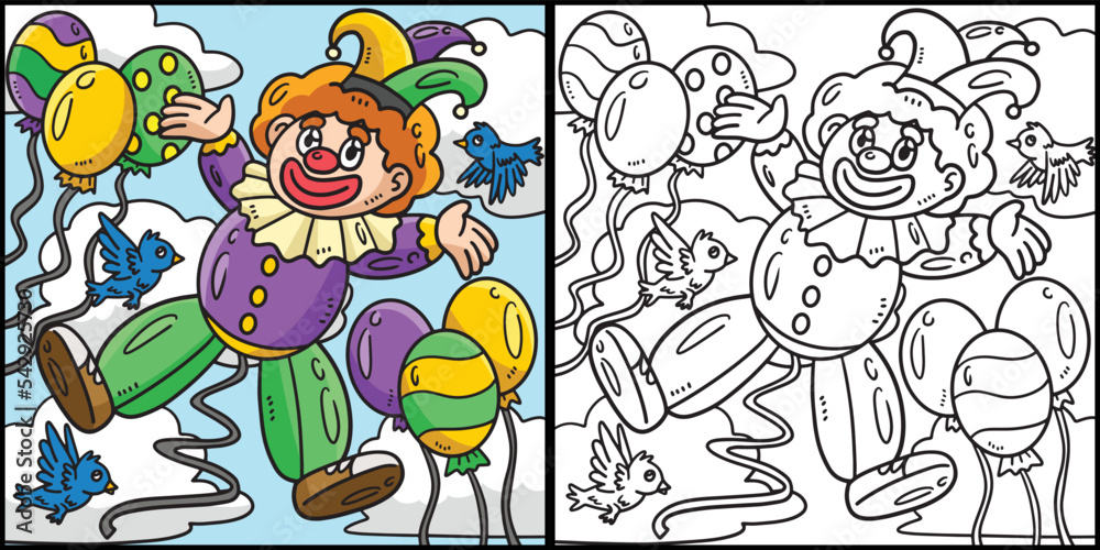 Mardi Gras Clown Balloon Coloring Illustration Mardi Gras Clown Balloon Coloring Illustration