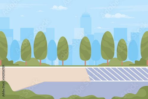 Roadside trees flat color vector illustration. Public place. Summertime. Skyscrapers and buildings. City infrastructure. Fully editable 2D simple cartoon cityscape with park on background
