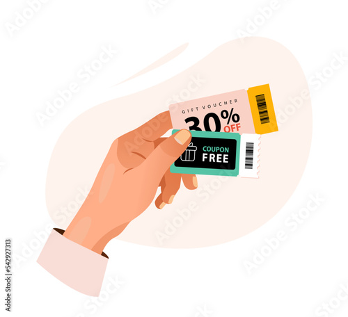 A discount coupon in a person's hand. Vector illustration isolated on a white background.