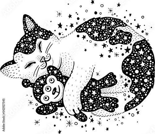 Space cat with alien. Trippy psychedelic character. Funny doodle sticker. 90s style hipster rave patch. Trendy vector badge with magic celestial art. Retro surreal alien cat. Esoteric cartoon tattoo