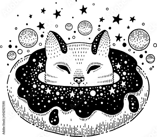 Cat in magic space donut. Cute patch sticker, kawaii badge. Girl universe animal. Cartoon doodle food vector. Sleeping cat, donut cake. Fantasy graphic. Pop 90s icon. Cool children pin. Funny cafe