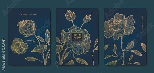 Vector japanese roses, flowers with leaves patterns. Floral golden elements template in vintage style. Luxury black line covers, flyers, brochures, packaging design, social media post, banners