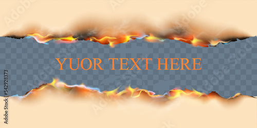 Burnt paper realistic set with isolated upper and lower borders of burning sheet with editable text and flames of fire vector illustration on transparent background