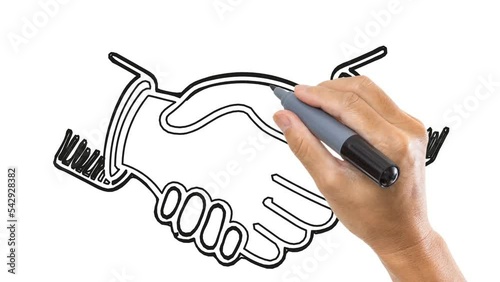 handshake Animation video Outline drawing, animation video Drawing by hand black lines on a white background. 4K Animated footage.
