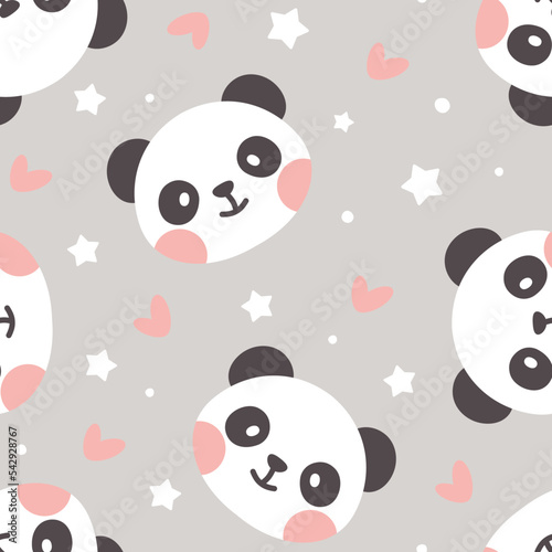Fototapeta Naklejka Na Ścianę i Meble -  cute 2 tone pink pastel grey panda with hearts and stars seamless pattern background, kids asian bear wrapping paper, fabric and textile vector print.