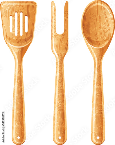 3d spoon. Sketch wood tools. Wooden biodegradable kitchen utensil. Vector bamboo kitchenware - salad spoon, spatula, fork. Reusable vintage wood tools for cooking. Cartoon flat disposable kitchen art