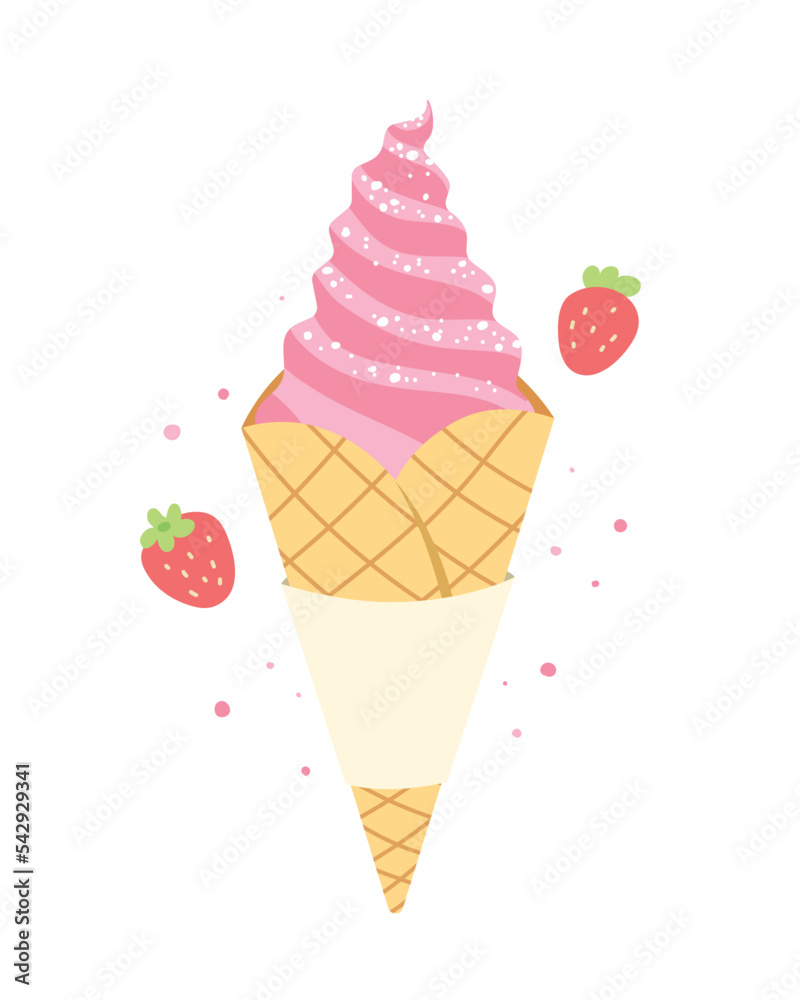 Strawberry soft serve cone isolated on white background. Strawberry ice-cream. Sweet dessert. Flat vector illustration.