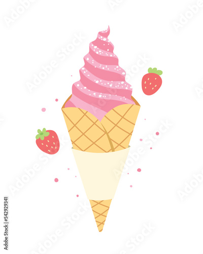Strawberry soft serve cone isolated on white background. Strawberry ice-cream. Sweet dessert. Flat vector illustration.