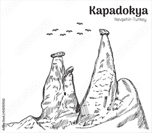 Cappadocia - nevsehir turkey. hand drawing vector illustration 