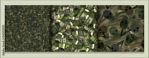 Set of green camouflage patterns with skulls, small abstract shapes, dollar bills. Dense composition with overlapping elements. Good for t-shirt design, apparel, fabric, textile, sport goods