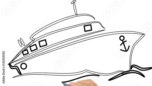 hand-drawn ship, Animation video Outline drawing, animation video Drawing by hand black lines on a white background. 4K Animated footage.
