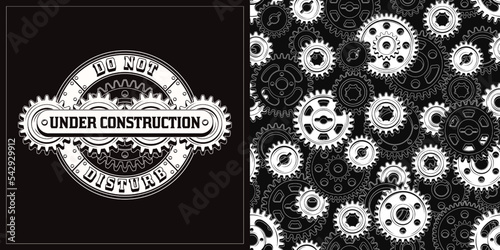Set of black and white pattern, logo with gears, rivets, text in steampunk style. For T-shirt, clothing, fabric, surface design