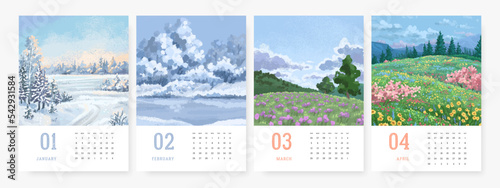 Illustrated 2023 calendar template with hand drawn nature landscape. Vector illustration