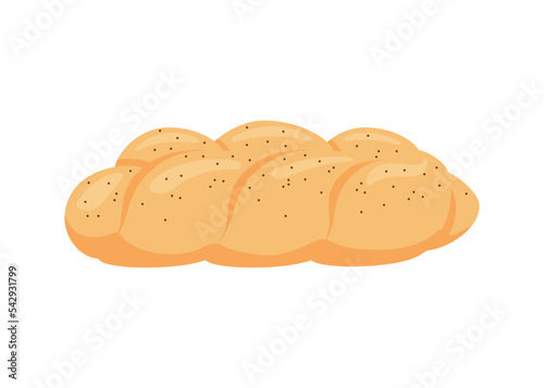 Challah, braid pastry bread from wheat, bakery food. Loaf with poppy. Vector illustration