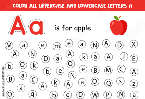 Find and color all letters A. Educational worksheet for learning alphabet.