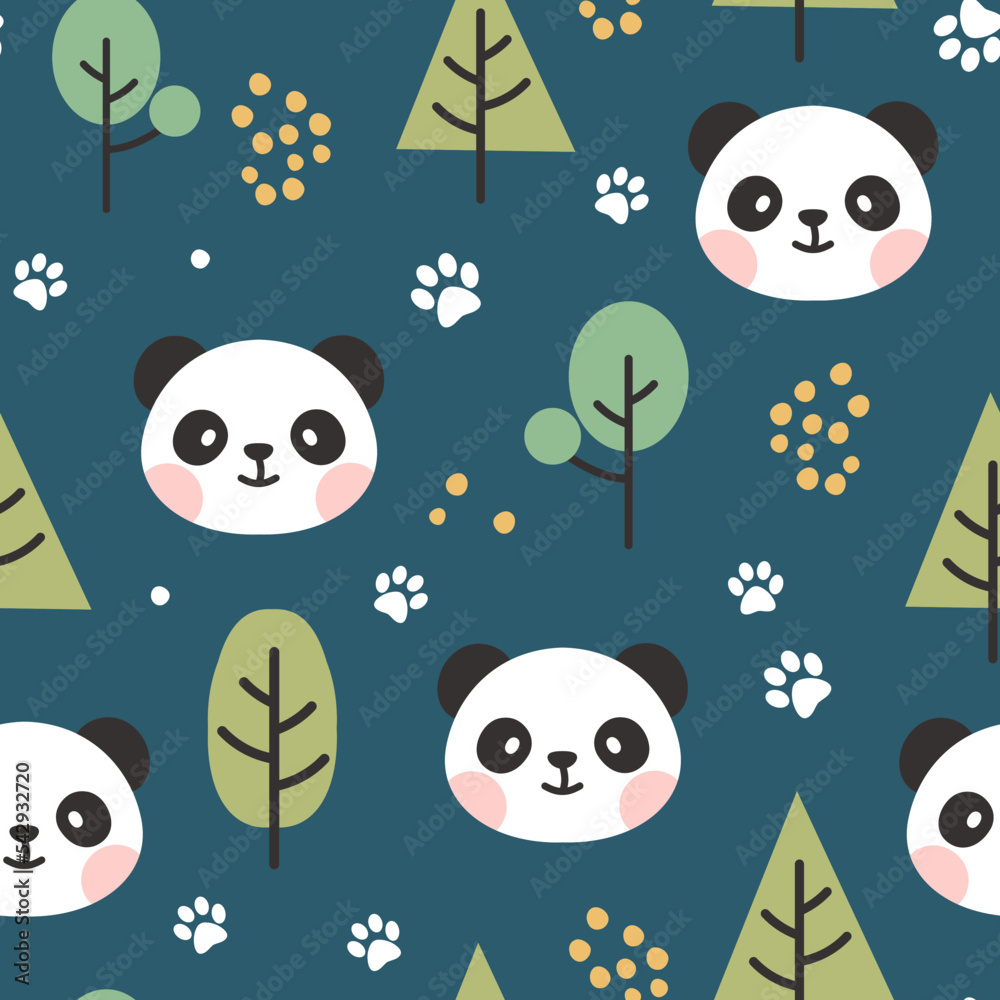 Panda bear deep blue, kids scandinavian style seamless pattern background with green trees and animal footprints. Bedding children vector design, fabric and textile print.