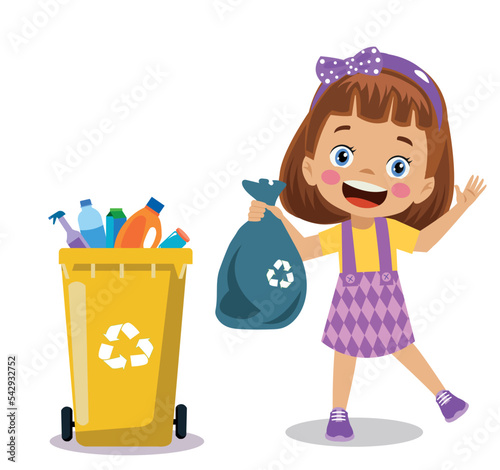 cute boy throwing trash in recycle bin