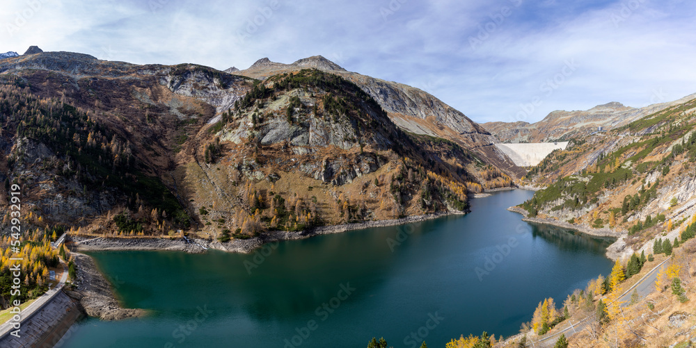 Panoramic view of Koelnbrein Dam in the Hohe Tauern range, a part of the hydroelectric power plant in Municipality Malta, Carinthia, Austria.