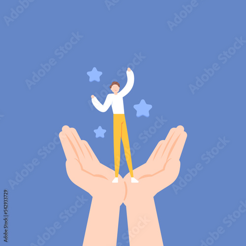 support systems. Support from friends, family, boss. ambition to improve skills for success. employee protection or insurance. a happy businessman standing on palms. illustration concept design