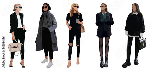 Collection of stylish young women dressed in trendy clothes. Set of fashionable casual and formal outfits. Flat cartoon colorful vector illustration.