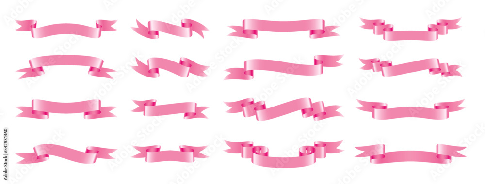 Pink glossy satin ribbon set. Header retro banner template for discount offer, gift greeting card, wedding invitation, premium quality promotional poster. Vintage rose curled tape isolated on white Pink glossy satin ribbon set. Header retro banner template for discount offer, gift greeting card, wedding invitation, premium quality promotional poster. Vintage rose curled tape isolated on white
