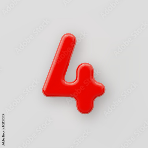 3D Red plastic number 4 with a glossy surface on a gray background.