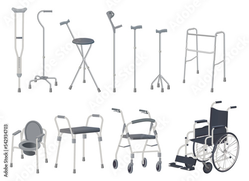 Wheelchair, walker and walking sticks.Crutches, strollers, walkers, portable toilet and walking sticks.Vector illustration. photo