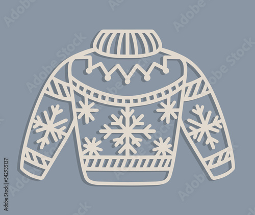 Laser cut ugly Christmas sweaters or jumper Templates. Christmas tree wood decorations toy with snowflakes photo