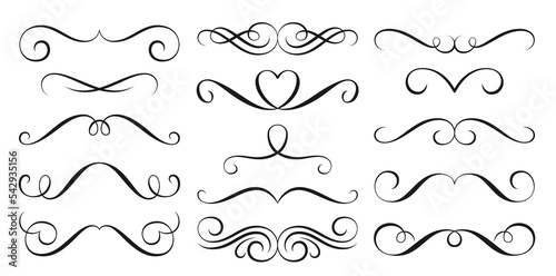 Divider border calligraphy decor set. Frame linear victorian flourishes. Vintage vignette scrolls, swirl black line pattern. Festive hand drawn retro typographic design element for card, menu, diploma
