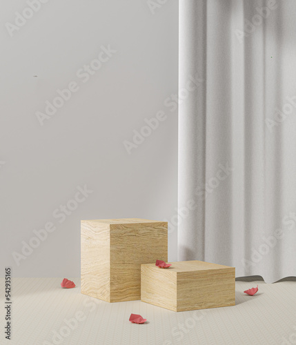 Fototapeta Naklejka Na Ścianę i Meble -  Abstract minimal scene with geometric forms. Cylinder wood podium stage in white background. for show product cosmetic presentation, mock up, 3d rendering illustration