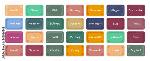 Vector spices names stickers set. Rectangle with round corners food preparation ingredients labels with frames and text isolated. Seasonings labels illustration