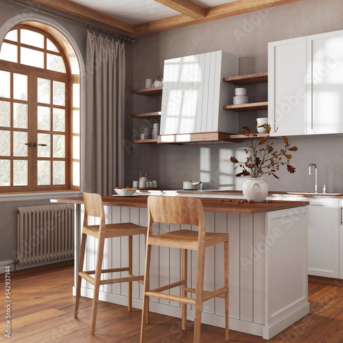 Japandi wooden kitchen in white and beige tones with island and stools. Parquet floor, shelves and cabinets. Farmhouse scandinavian interior design