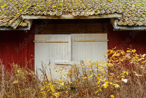 Gate of old red wooden barn. photo