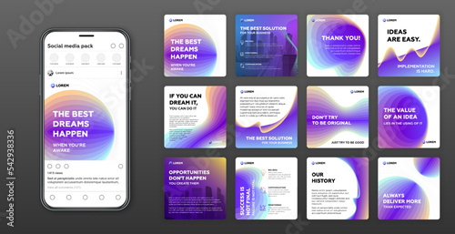 Social media post templates set with cityscape vector illustration on background. Square instagram posts layouts for personal blog.